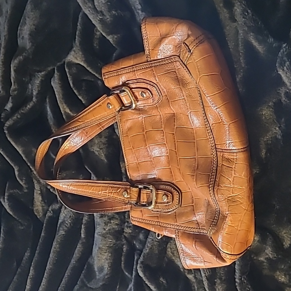 FOSSIL Croc Embossed Leather Shoulder Bag Purse 12" x 8" - Brown - Picture 5 of 16